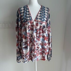 EVEREVE Boho Long Sleeve Penny Floral Kimono Wrap Linen Blend Open Front Sz L